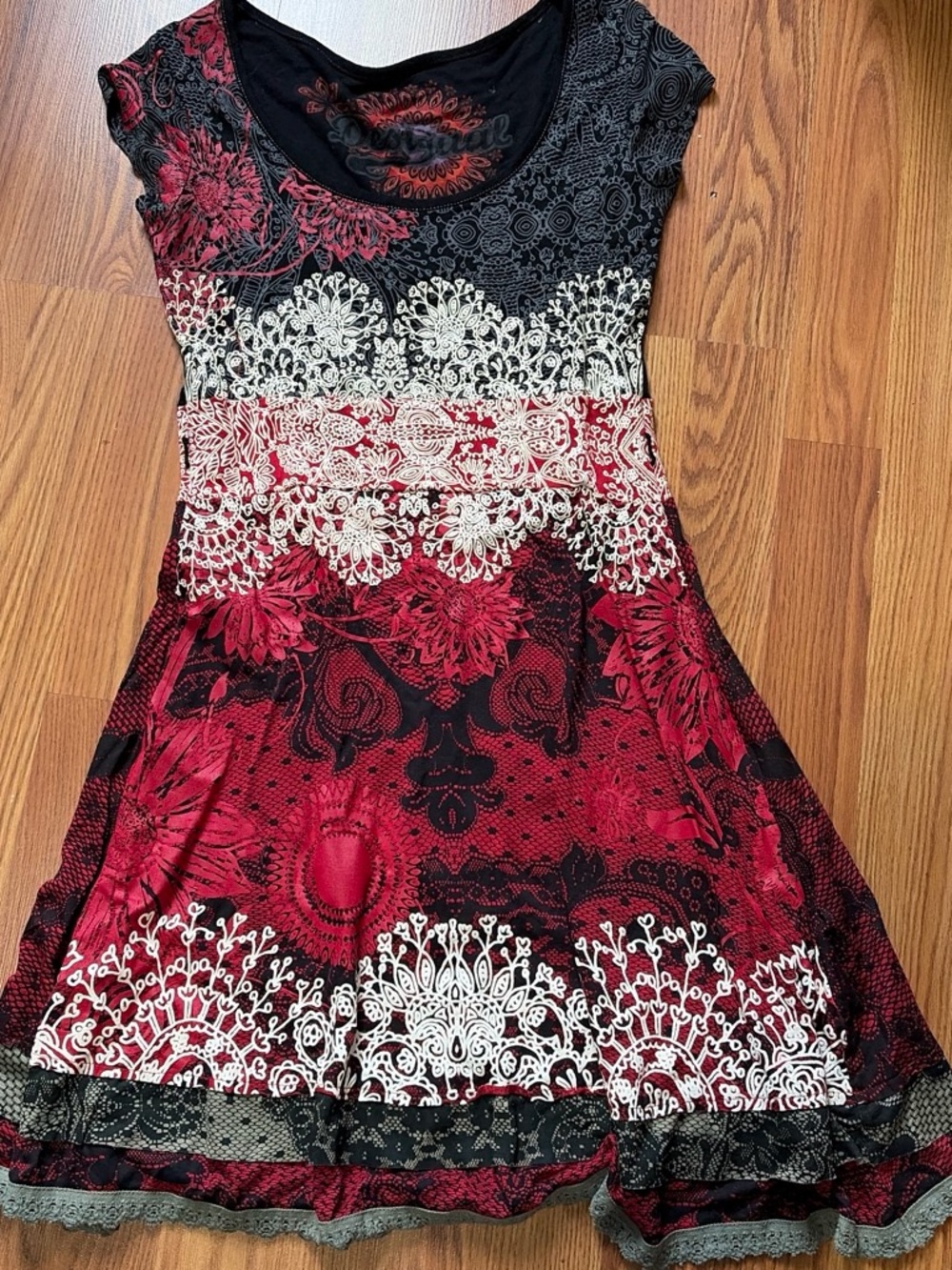 Desigual Red, Black & White Floral Lace-Print Midi Dress